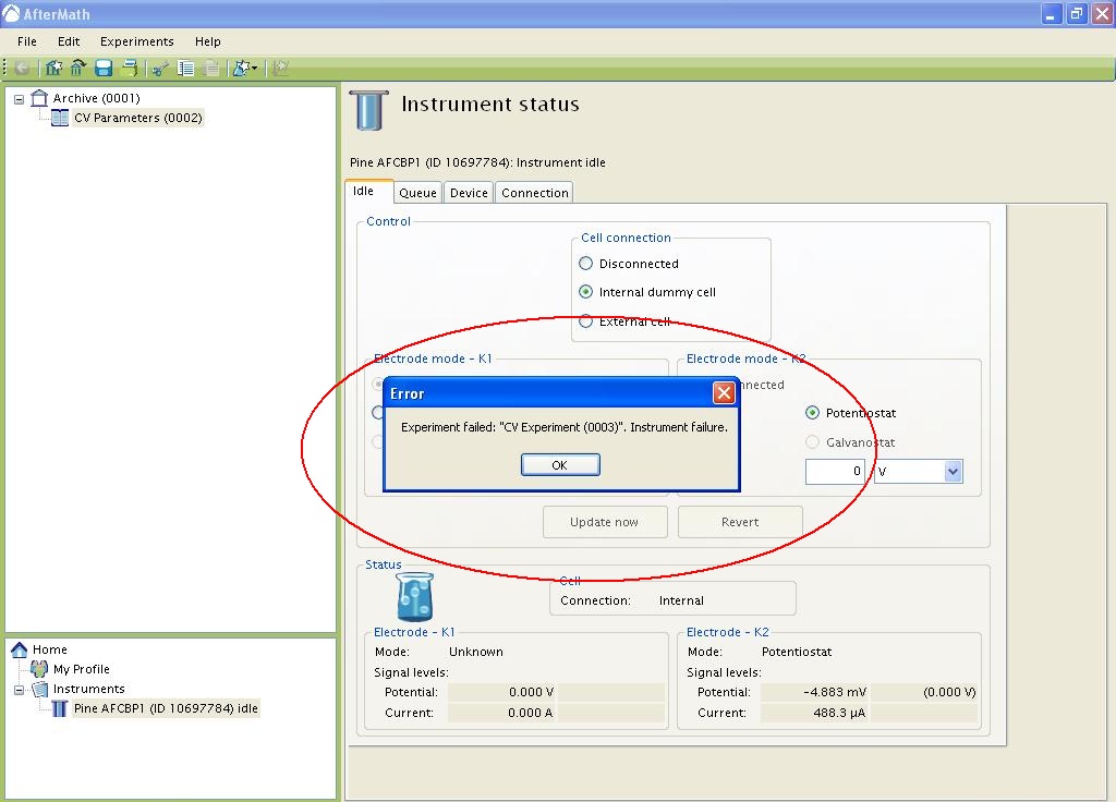 Experiment failed: "<experiment_name_here>". Instrument failure.