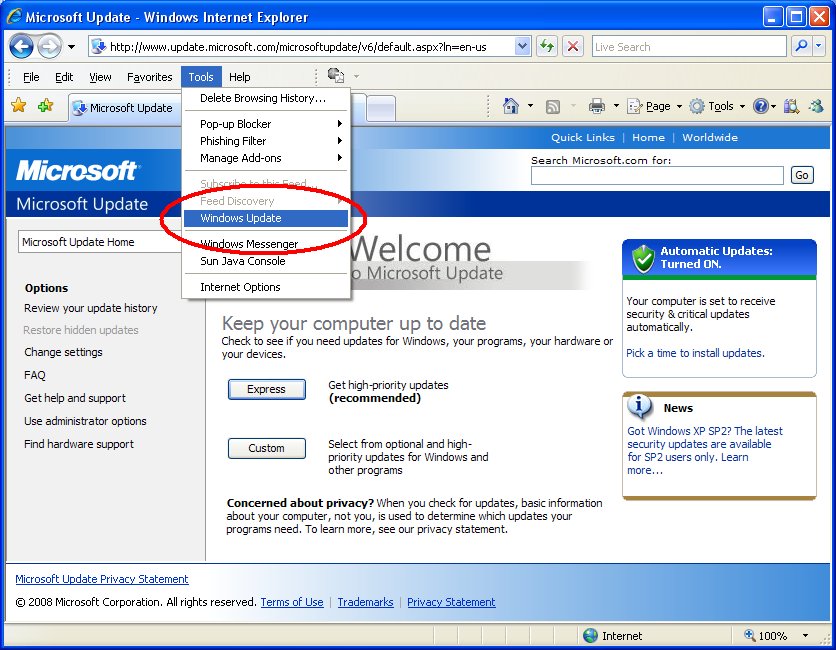 Windows Update appears as a menu choice in Internet Explorer  