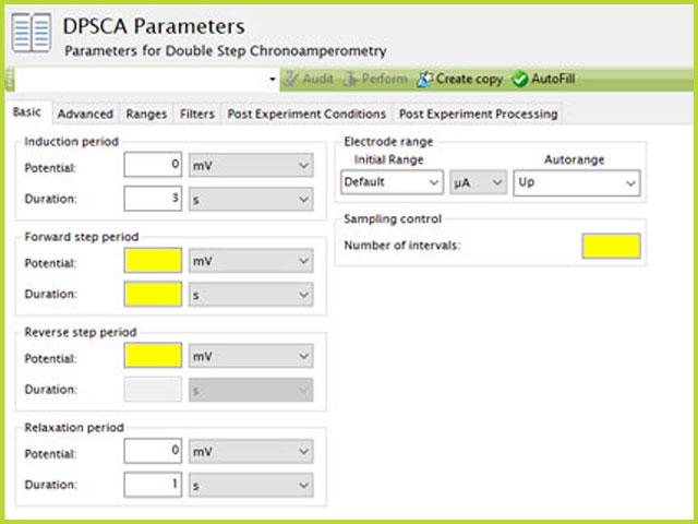 Double Potential Step Chronoamperometry (DPSCA) Experiment Basic Tab in AfterMath