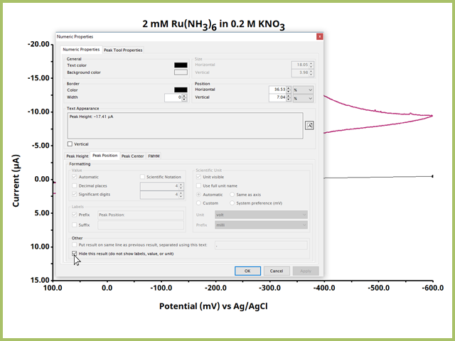 Numeric Properties Dialog WIndow for the Peak Height Tool Output Options