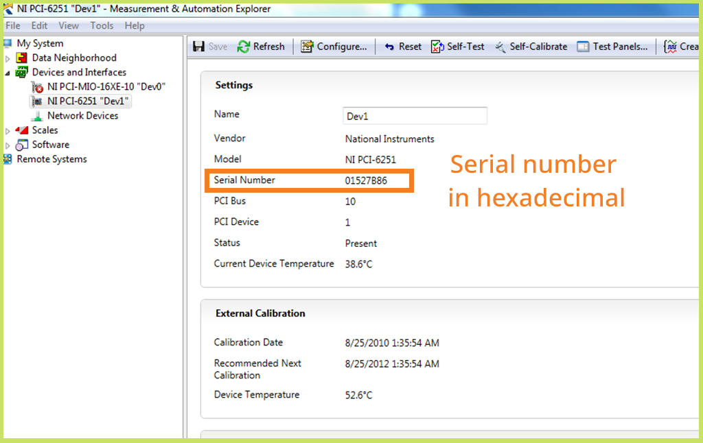 Serial number location in NIDAQ software