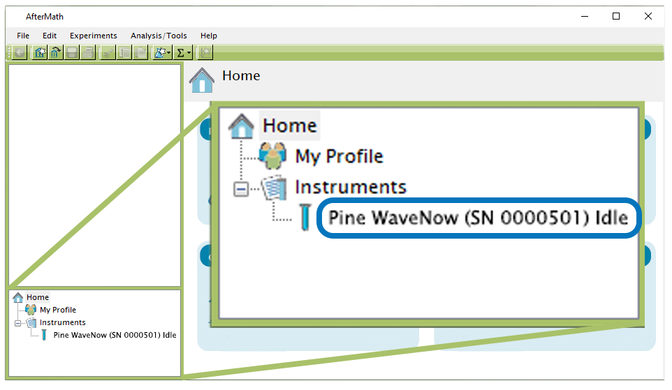 Connected WaveNow Potentiostat shown in AfterMath Software