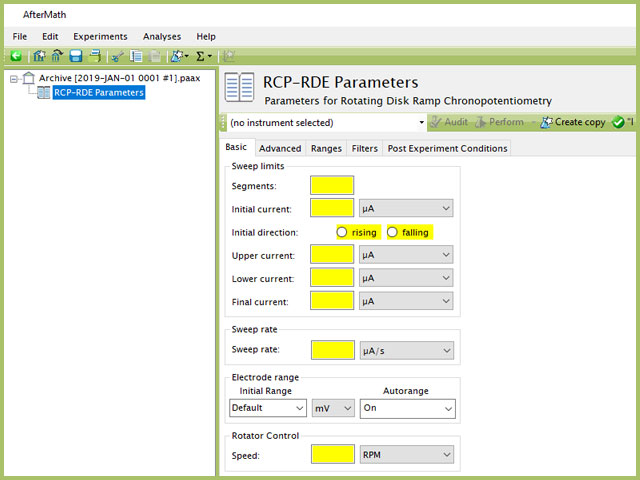 Rotating Disk Ramp Chronopotentiometry (RCP-RDE) Experiment Basic Tab
