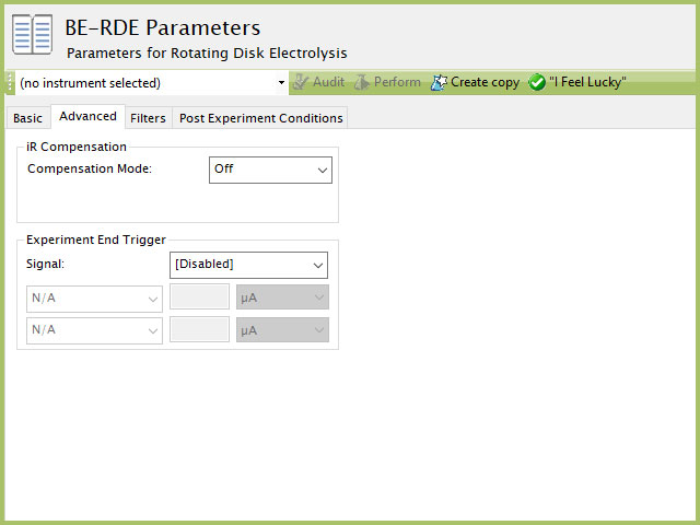 Rotating Disk Electrolysis (BE-RDE) Parameters Advanced Tab