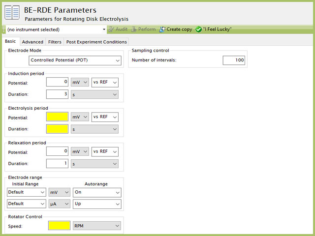 Rotating Disk Electrolysis (BE-RDE) Parameters Basic Tab