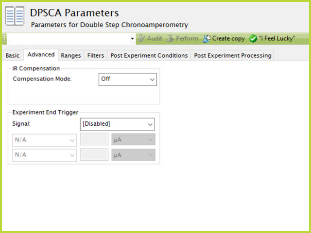 Double Potential Step Chronoamperometry (DPSCA) Experiment Advanced Tab in AfterMath
