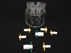 Kit contents include the storage container (glass cell) and seven PTFE stoppers